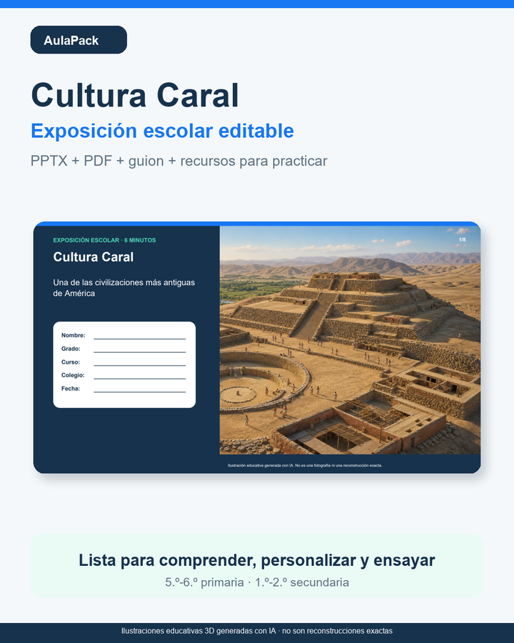 Cultura Caral: exposición escolar editable con ilustraciones 3D